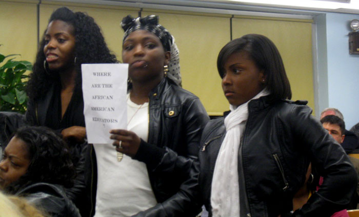 Copyright LIHerald.com These Malverne High School students were among a dozen who attended the Malverne Board of Education meeting to ask for more culturally diverse staff. 